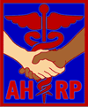 AHRP Logo - handshake with medical symbol (double serpent and wings) in background